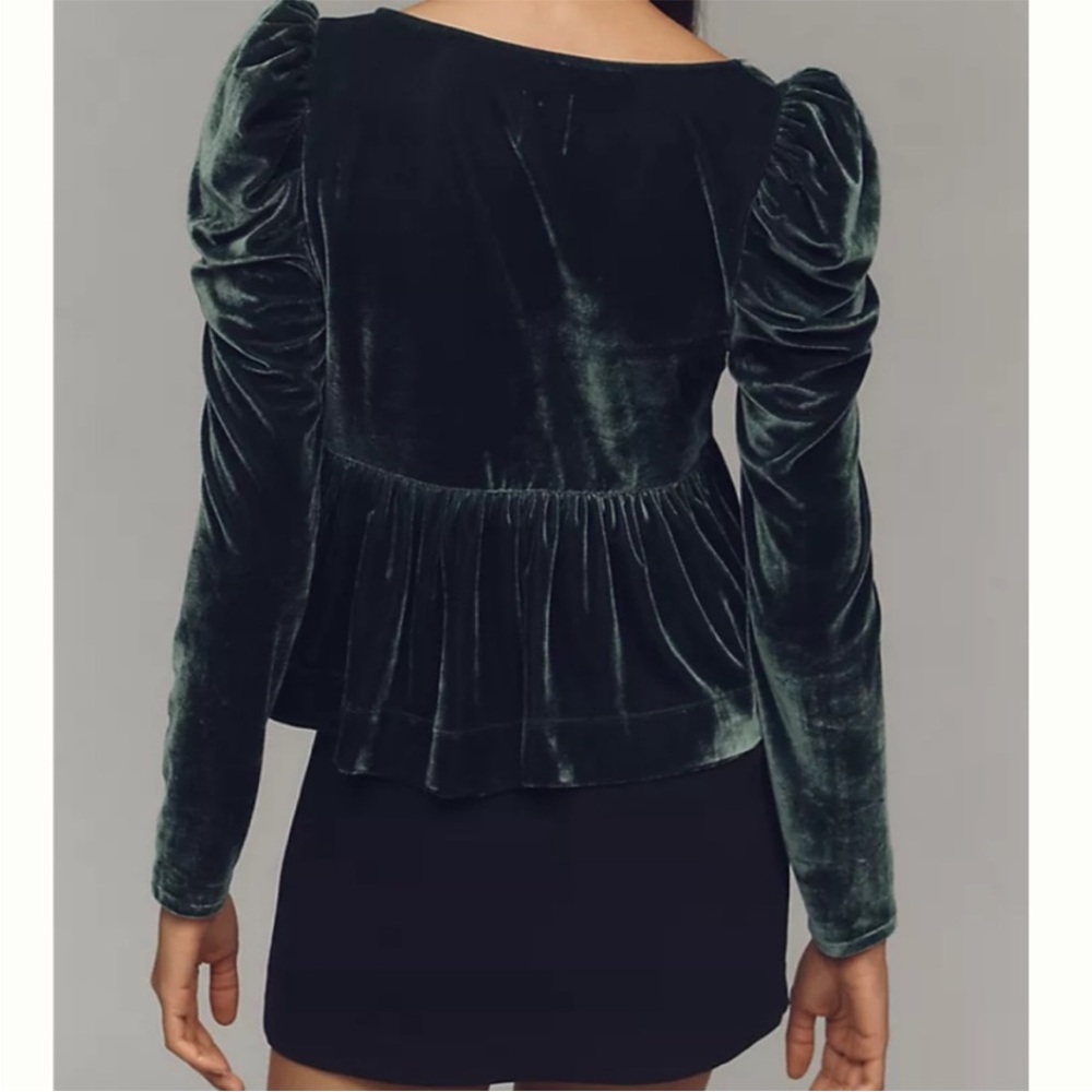 Anthropologie Maeve Velvet Babydoll Top Dark Green Blouse Tie Front XS NWT - Picture 6 of 14